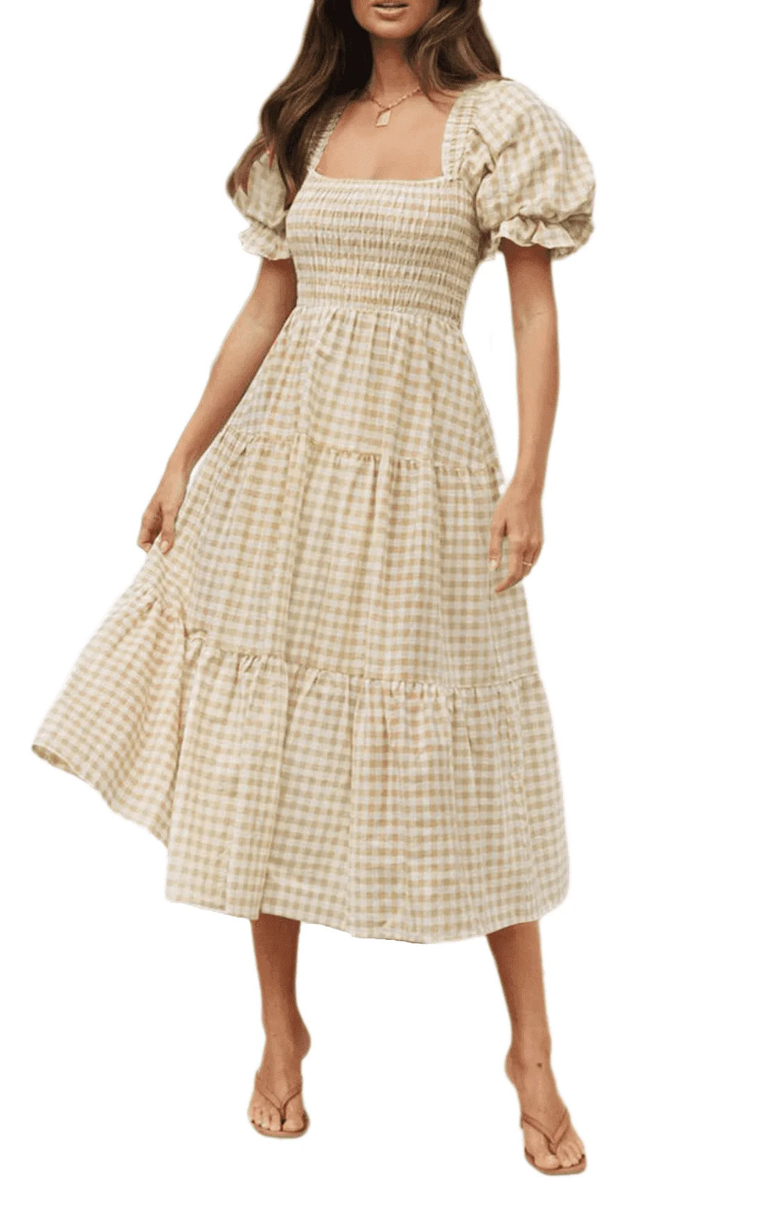 YOGAFOX Women's Boho Summer Plaid Square Neck Puff Sleeve Ruffle Flowy Midi Dress（Beige,M） - ... | Walmart (US)