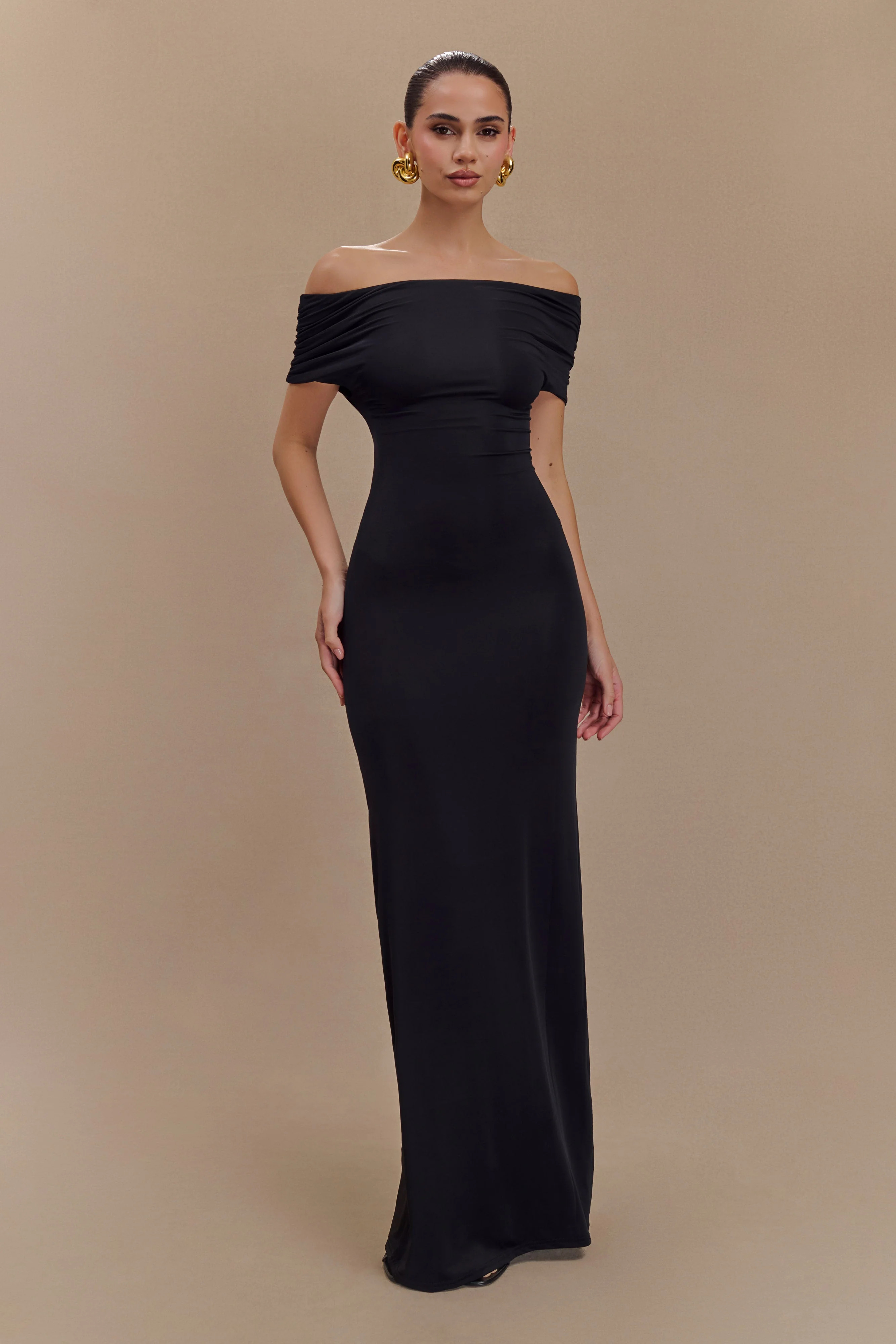 Imogen Off Shoulder Slinky Maxi Dress - Black | MESHKI US