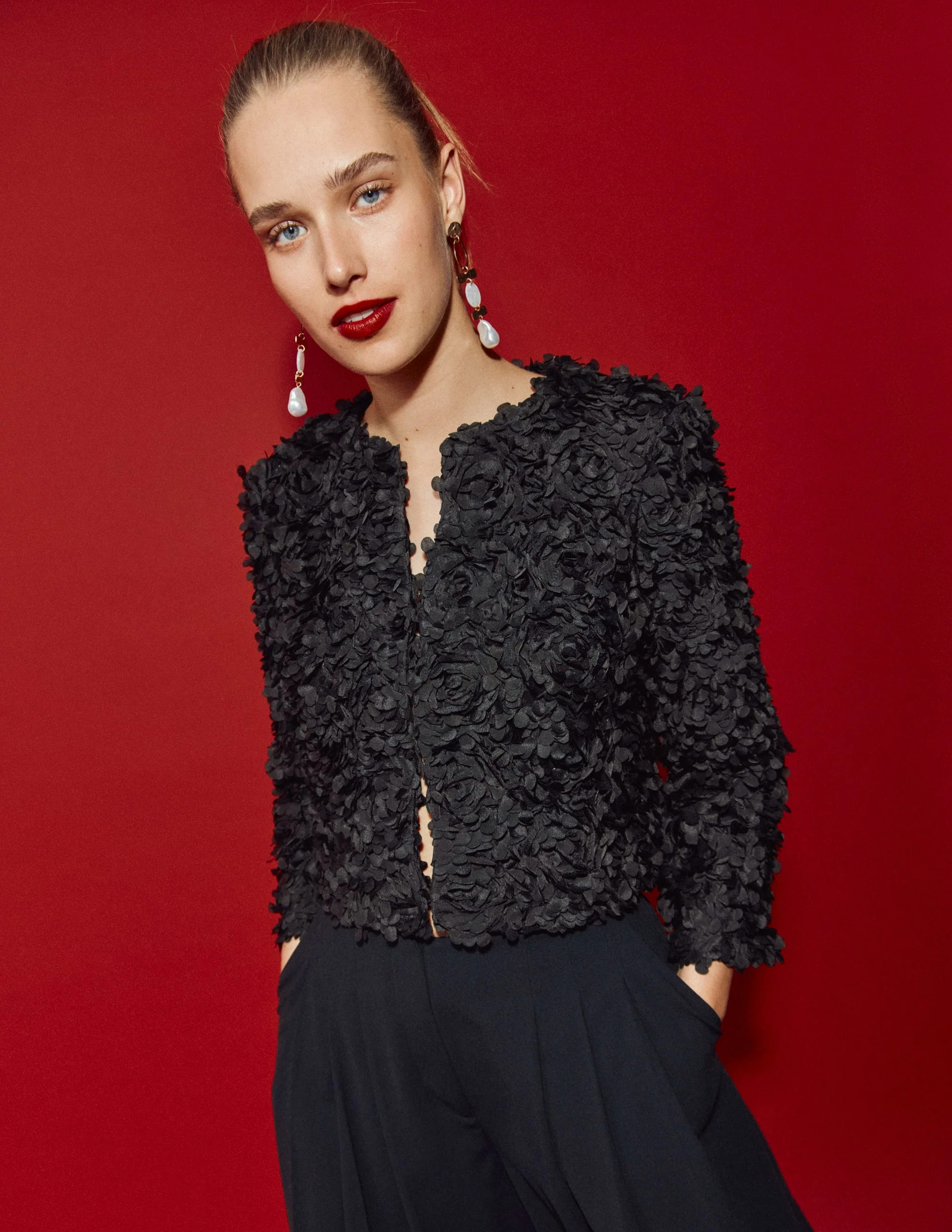 Petal Textured Cropped Jacket-Black, Petal Tulle | Boden UK