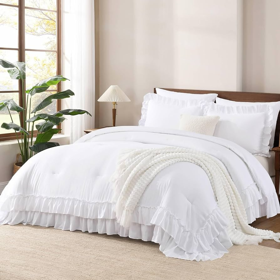Andency White Ruffle Comforter Full Set, 3pcs Vintage Farmhouse Shabby Chic Bedding Comforter Set... | Amazon (US)