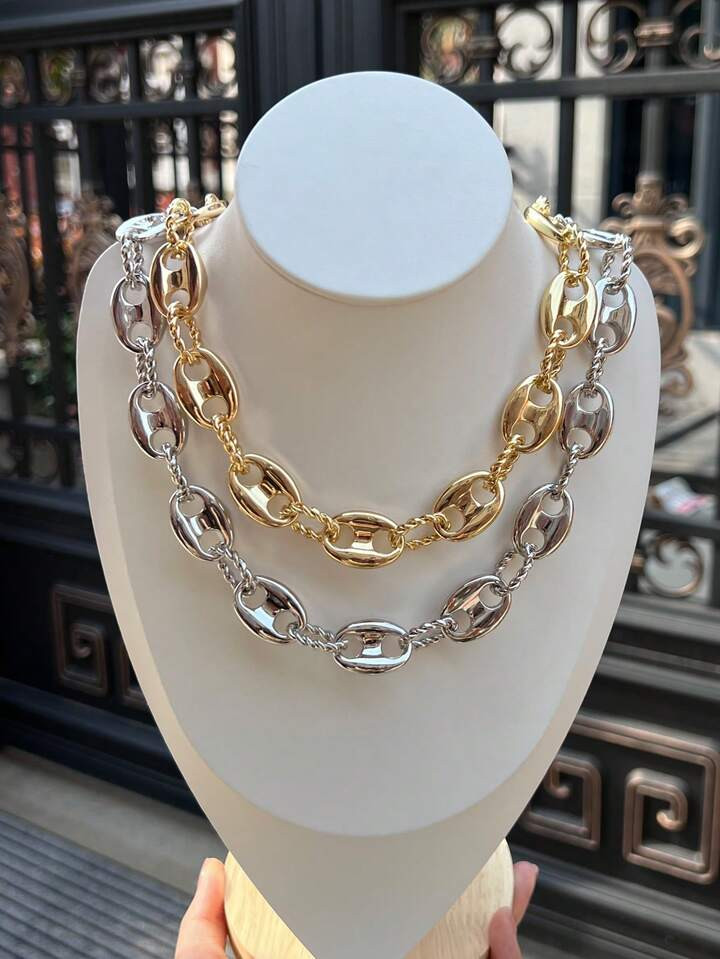 1pc Punk Style Coffee Bean & Pig Nose Twisted Chain Adjustable Metal 18k Gold Plated Necklace, Un... | SHEIN