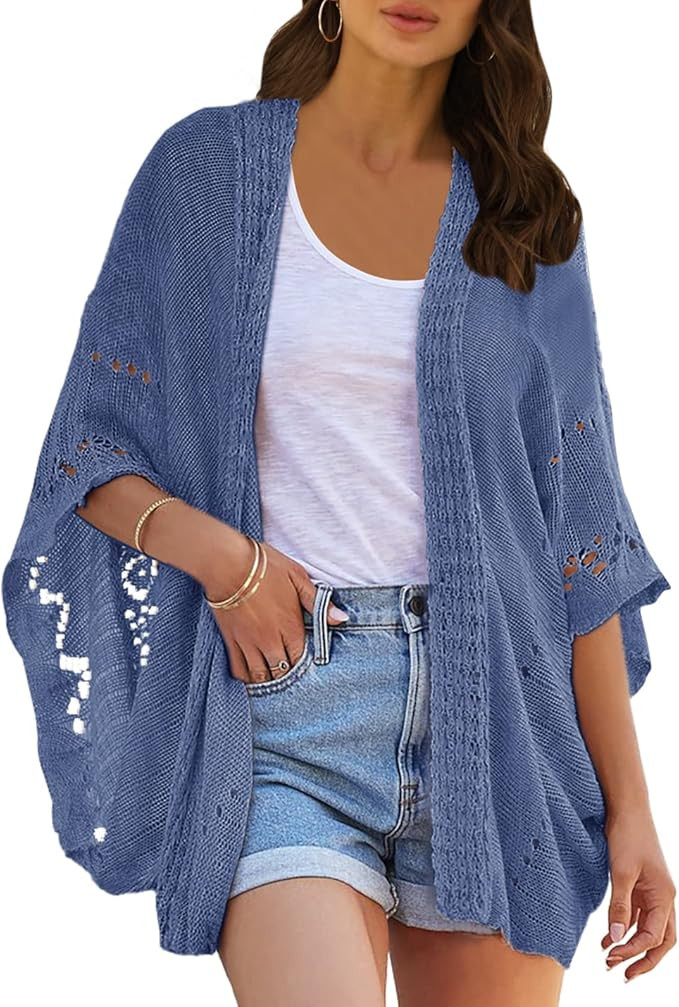 Ermonn Crochet Cardigan Sweaters for Women Open Front Kimono Batwing Sleeve Plain Casual Lightwei... | Amazon (US)