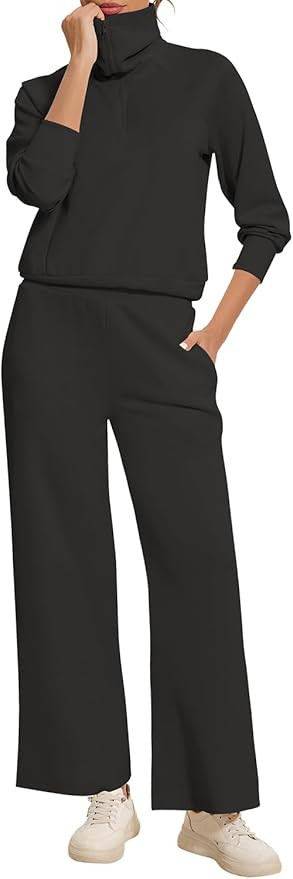 FANCYINN Women 2 Piece Outfits Quarter Zip Knit Top Wide Leg Sweatpants Matching Set Oversized Ca... | Amazon (US)