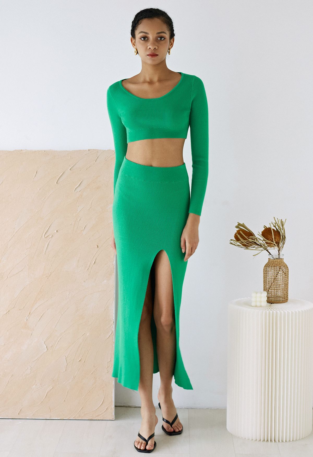 Knitted Crop Top and High Slit Maxi Skirt Set in Green | Chicwish