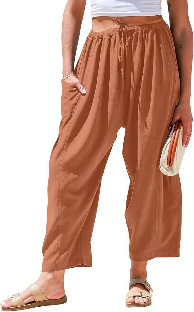 TARSE Womens Linen Wide Leg Pants Casual Loose Drawstring Summer Beach Travel Vacation Palazzo Ha... | Amazon (US)