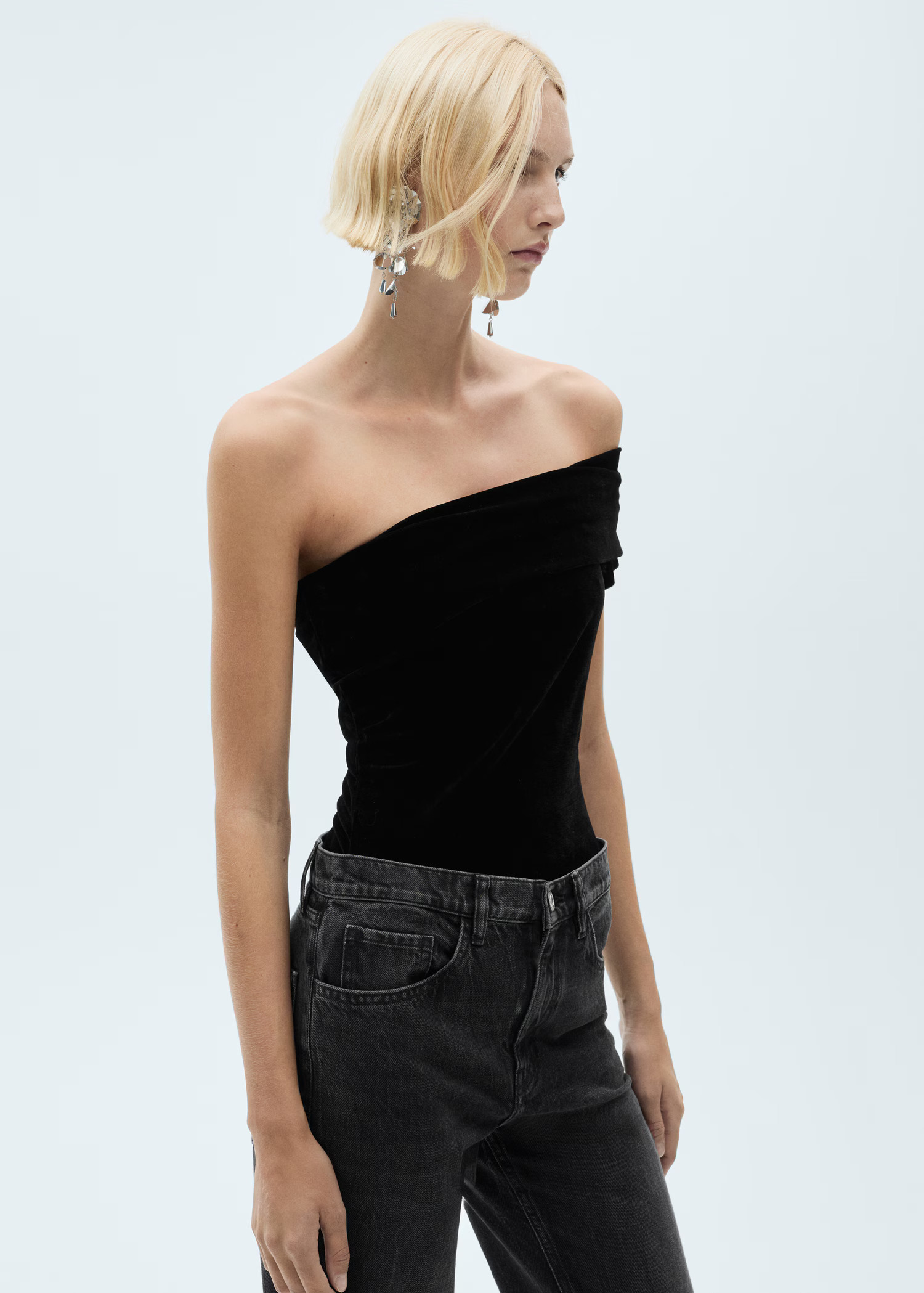 Asymmetric velvet bodysuit - Women | MANGO United Kingdom | MANGO (UK)