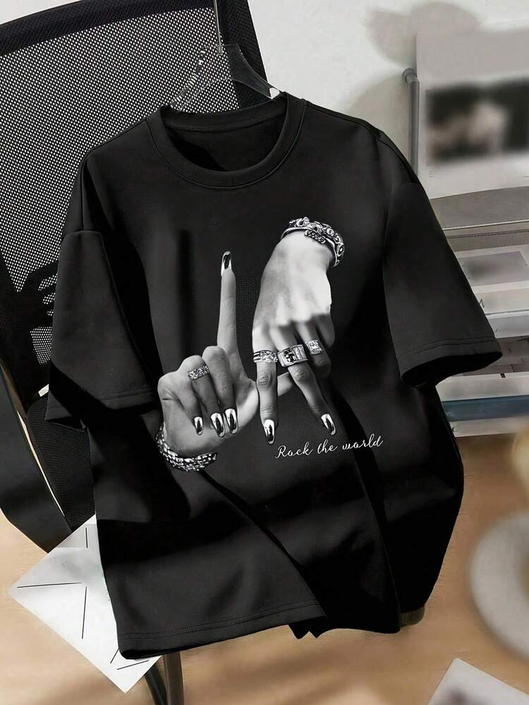 T-Shirt Noir Pour Femmes Avec Imprimé Du Geste De La Main De Los Angeles, Style Mode Streetwear Y2K, Confortable Et Polyvalent, Décontracté, Streetwear, Top D'automne | SHEIN