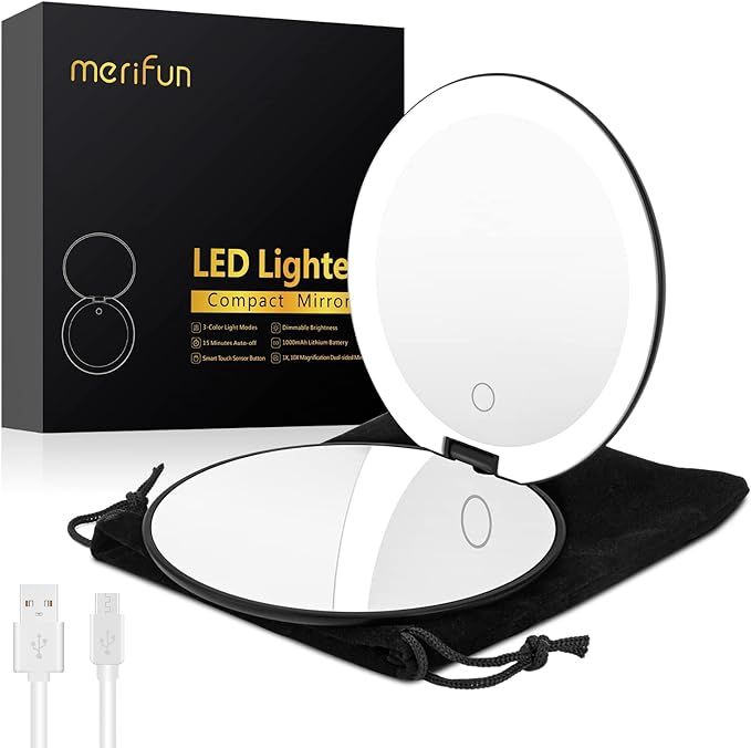 Compact Lighted Mirror, 5-inch Travel Makeup Mirror- 1X/10X Magnifying, Medical Grade LED, USB Ch... | Amazon (US)