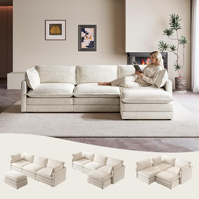 ROWHY 104'' Modular Sectional Cloud Couch with Movable Ottoman, 4 Seat Modern Corduroy Sofa, Deep... | Amazon (US)