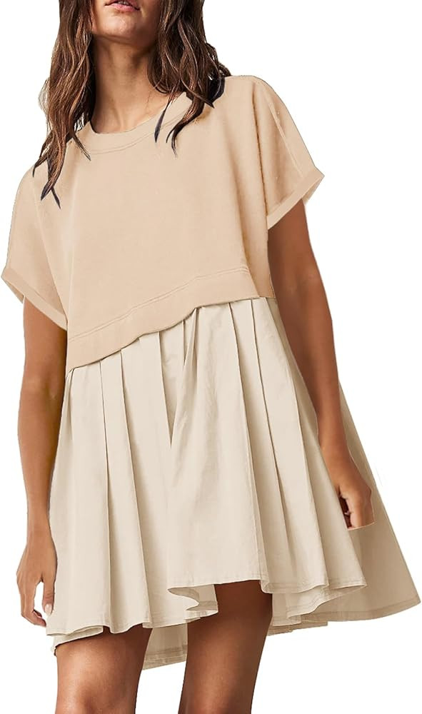 SAUKOLE Womens Summer Crew Neck Short Sleeve Dress Patchwork Pleated A Line Beach Boho Mini Dress | Amazon (US)