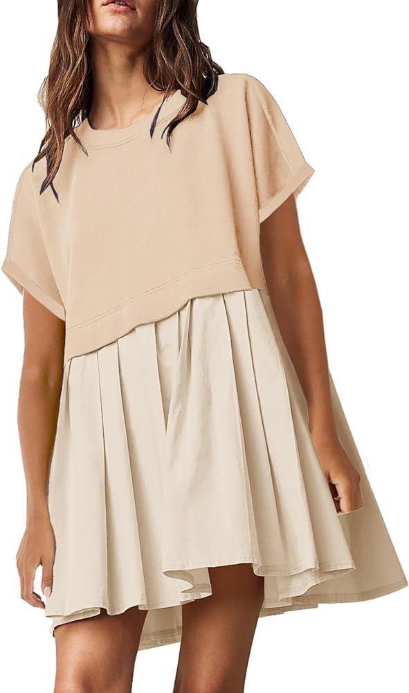 SAUKOLE Womens Summer Crew Neck Short Sleeve Dress Solid Ruffle A Line Beach Boho Long Maxi Dress... | Amazon (US)