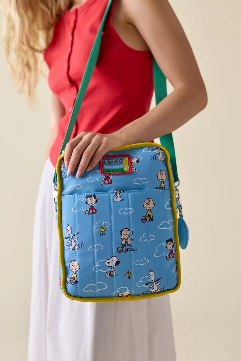 Whatever! Makes You Happy Peanuts Color Block Denim & Canvas Reversible Bag | Urban Outfitters (US and RoW)