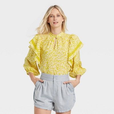 Women&#39;s Ruffle 3/4 Sleeve Lace Trim Blouse - Who What Wear&#8482; Yellow Floral XXL | Target