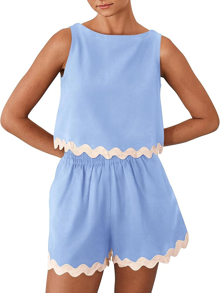 BTFBM Women Two Piece Beach Vacation Outfits Summer Casual 2 Piece Lounge Set Cropped Tank Top El... | Amazon (US)