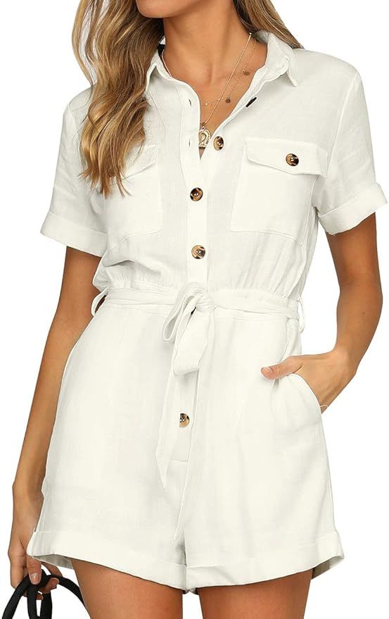 GRAPENT Women's Summer Short Sleeves Button Down Pocket Belted Jumpsuits Rompers | Amazon (US)