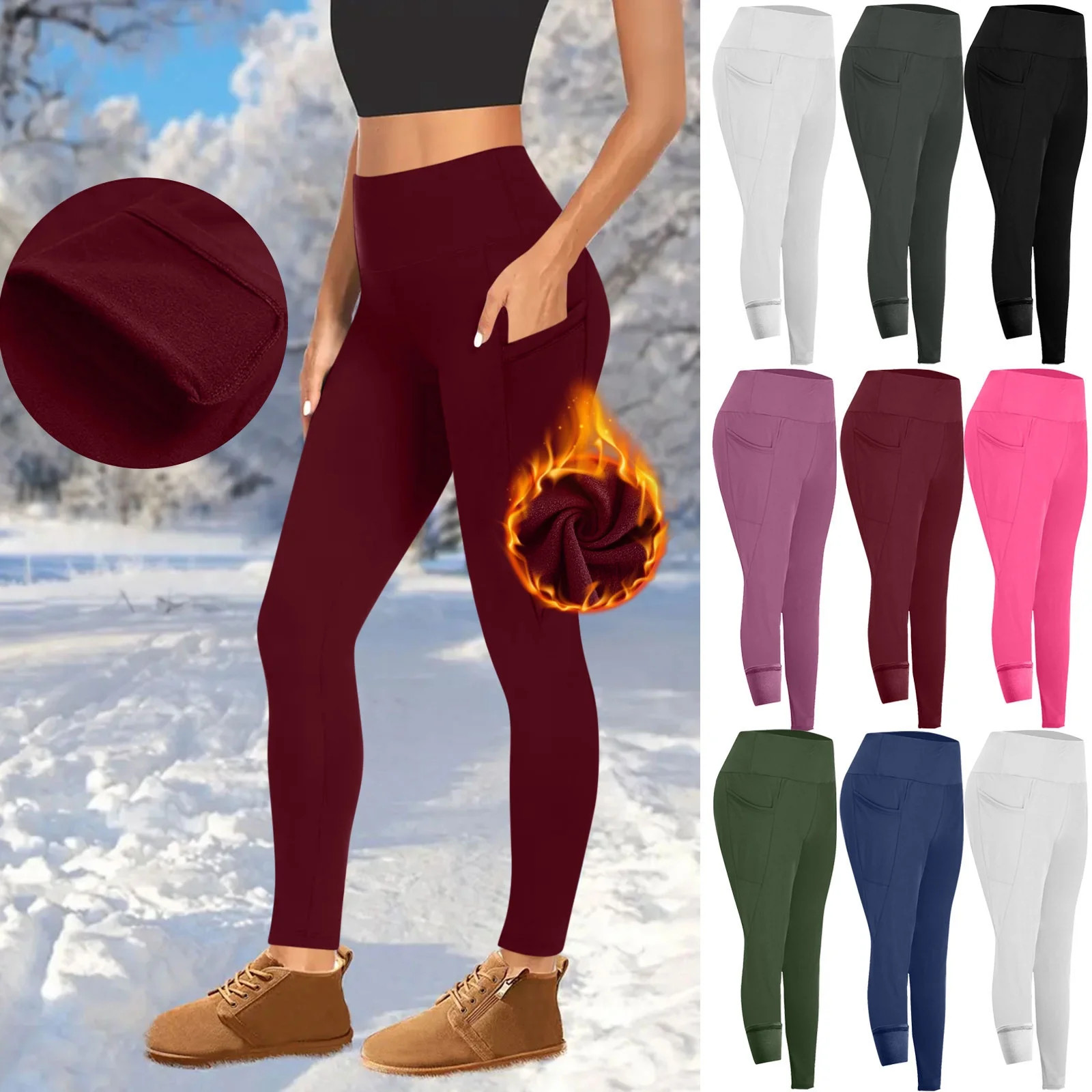 Kvture Women's High Waisted Fleece Lined Leggings Winter Plush Warm Leggings with Pockets Solid C... | Walmart (US)