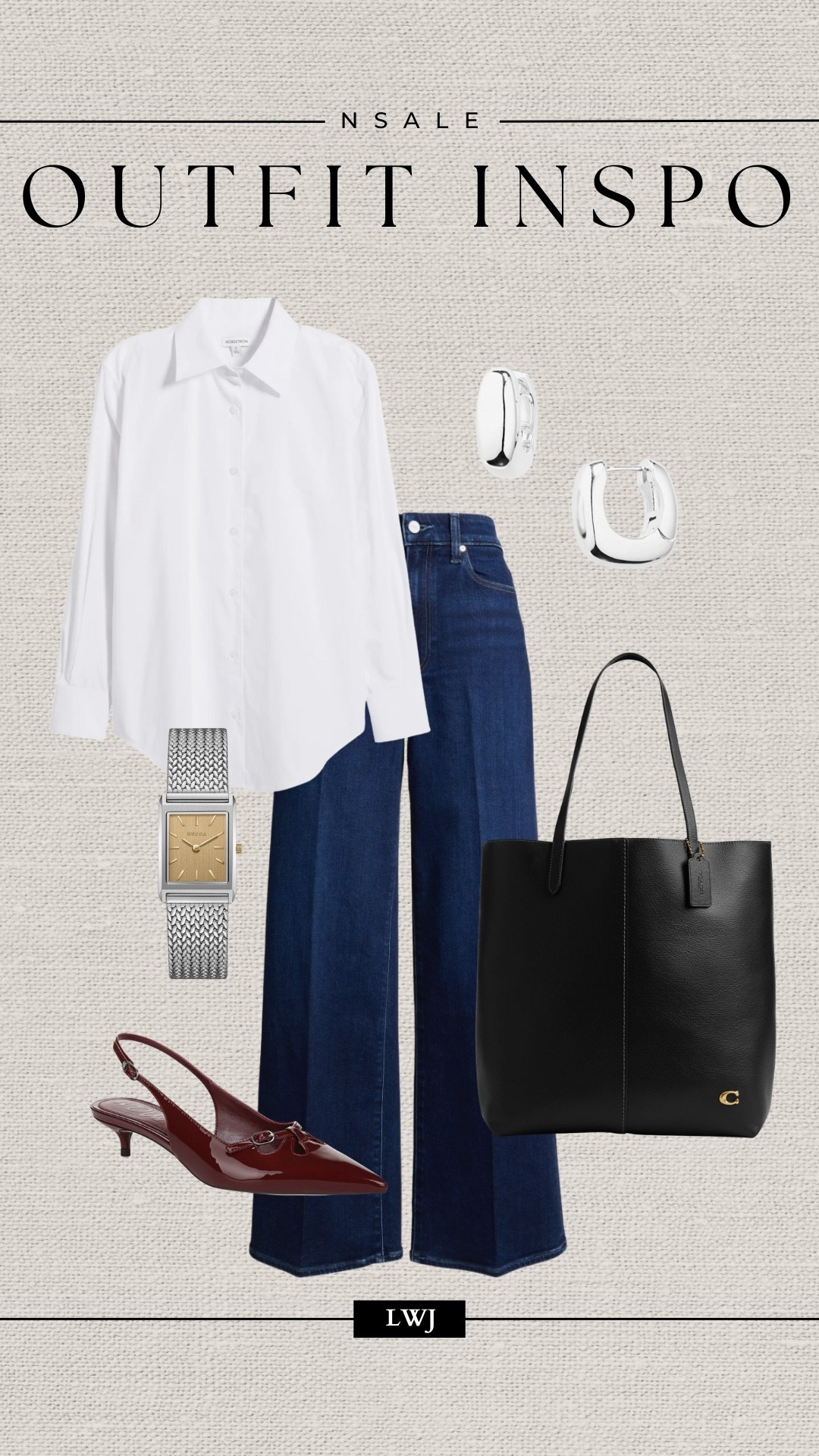 Nsale outfit inspo 

Poplin shirt / white button up / dark blue wide leg jeans / coach tote / work tote bag / silver watch / silver earrings / kitten heels / workwear 

#LTKStyleTip #LTKSaleAlert #LTKSeasonal