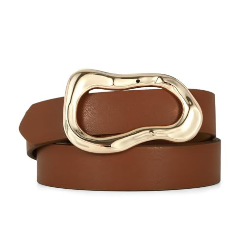 RISANTRY Brown Belt for Women Stylish Gold Buckle Fashion Leather Waist Belt Perfect for Jeans and Dresses | Amazon (US)