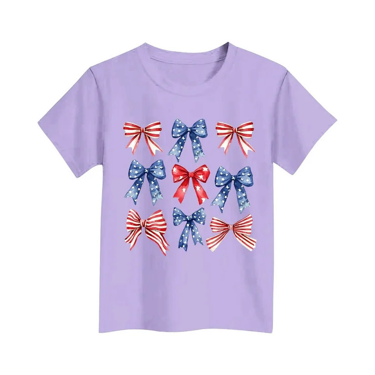 Maean Girls Bow Graphic Shirts Summer Short Sleeve Loose Tshirts Kids Cute Printed Independence D... | Walmart (US)
