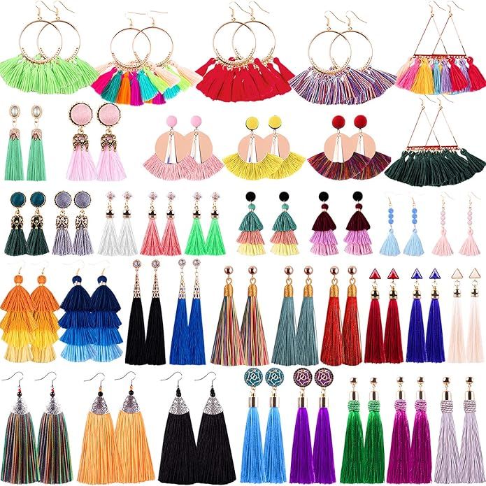 Duufin 38 Pairs Tassel Earrings Colorful Long Layered Tassel Earrings Dangling Thread Ball Earrin... | Amazon (US)