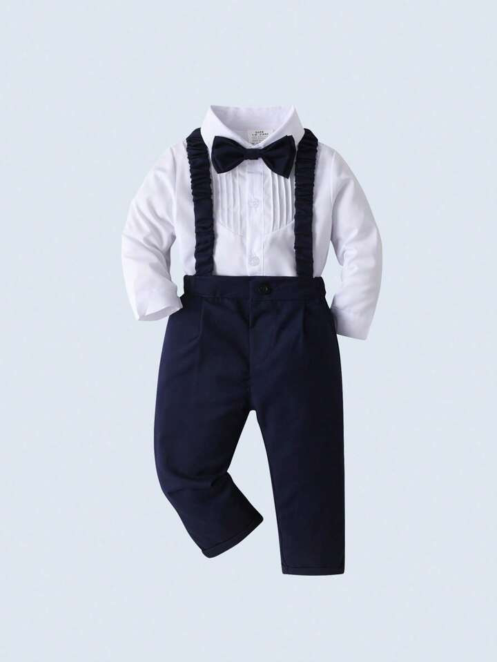 Baby Boys' Gentleman 2-Piece Suit With Long-Sleeved Shirt, Bow Tie, Suspenders, And Pants, Suitab... | SHEIN
