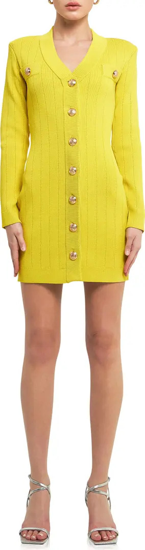 Padded Shoulder Long Sleeve Button-Up Sweater Minidress | Nordstrom