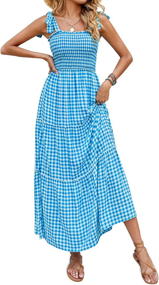 ZESICA Women's Boho Summer Floral Print Tie Straps Sleeveless Square Neck Smocked Flowy Ruffle A Lin | Amazon (US)