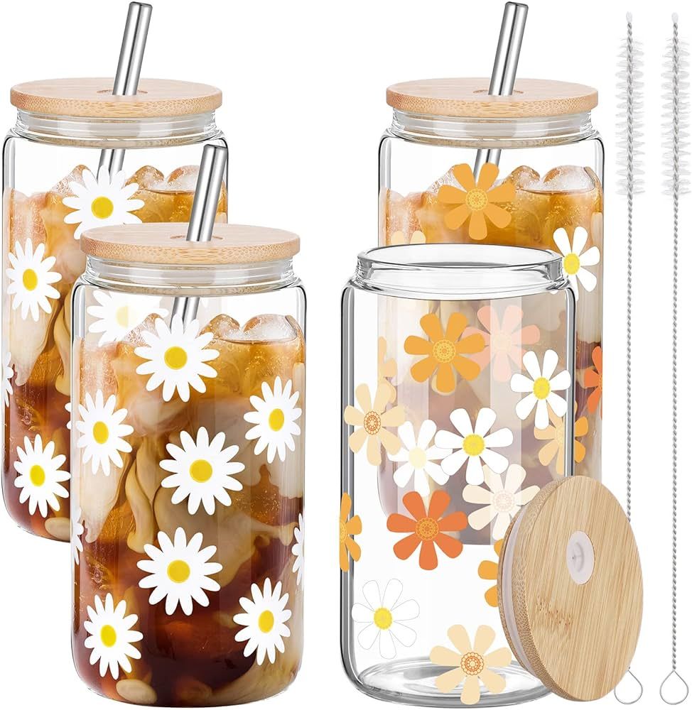 Nuenen 4 Pcs 16oz Daisy Flower Glass Cup with Lids and Straws Iced Coffee Glass Cup Cute Aestheti... | Amazon (US)
