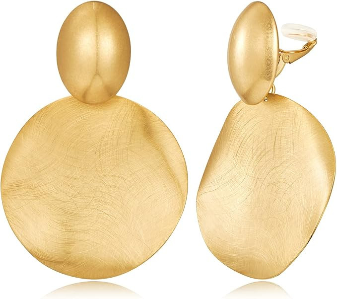 FAMARINE Big Gold Clip on Earrings Vintage Disc Dangle Clip Earrings for Mom Gift | Amazon (US)