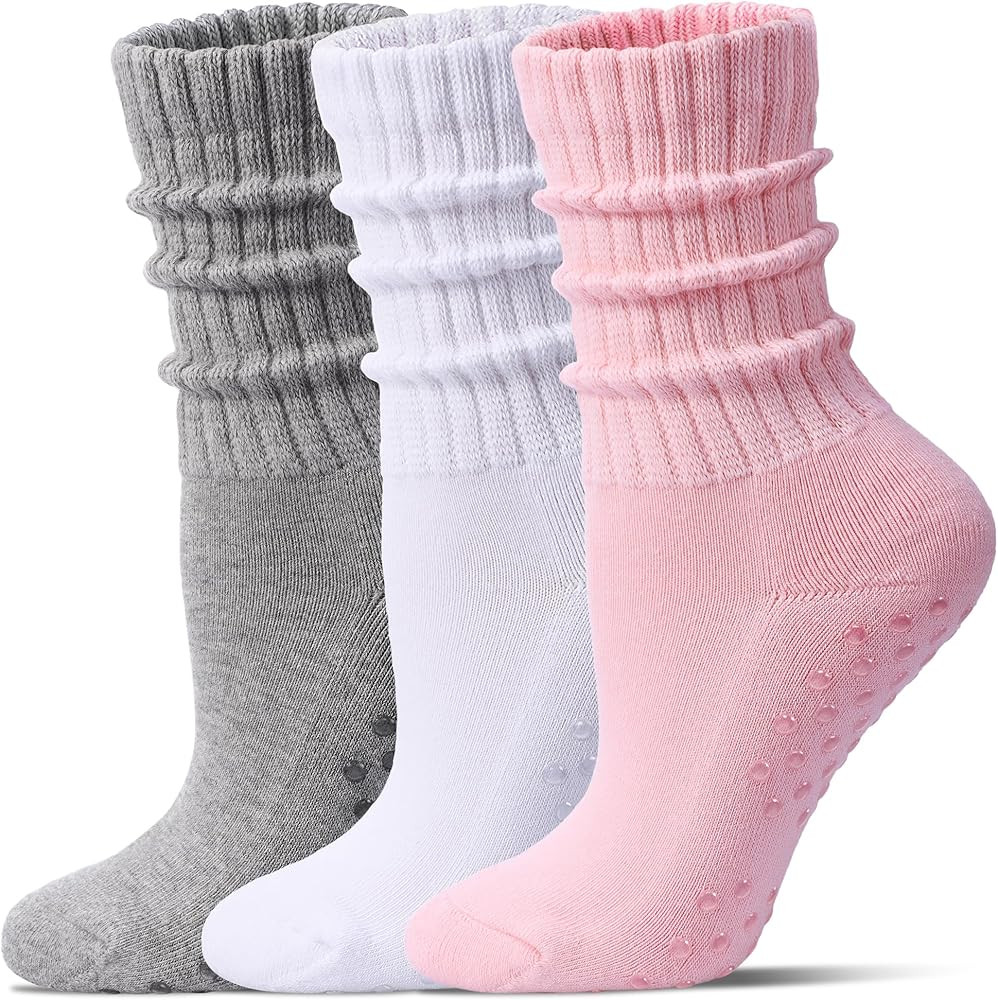 Pilates Socks for Women Mid Calf Slouch Yoga Socks with Non Slip Grippers for Barre Boot Sock 3 P... | Amazon (US)