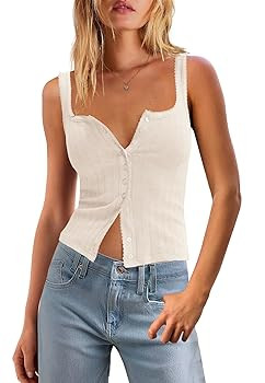 Panadila Womens Ribbed Square Neck Tank Top Summer Button Down Tanks Sleeveless Knit Tops Going O... | Amazon (US)