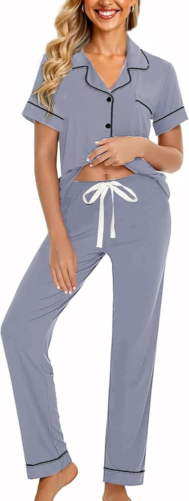 Womens Soft Pajamas Set XS-XXL Button Down Sleepwear Short Sleeves Pajama sets with Long Pants Pj... | Amazon (US)