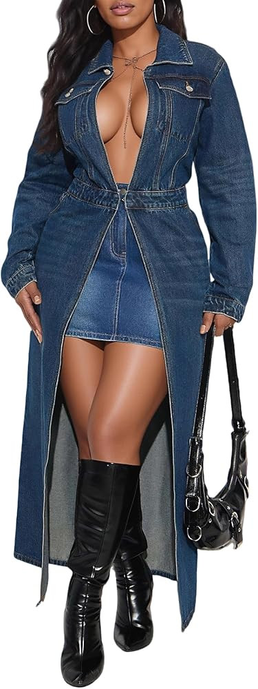DINGANG Women's Denim Trench Coat Vintage Lapel Long Jean Cardigan Jacket Coat with Pockets | Amazon (US)