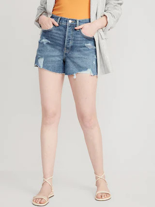 Higher High-Waisted Button-Fly A-Line Ripped Cut-Off Jean Shorts for Women -- 3-inch inseam | Old Navy (US)