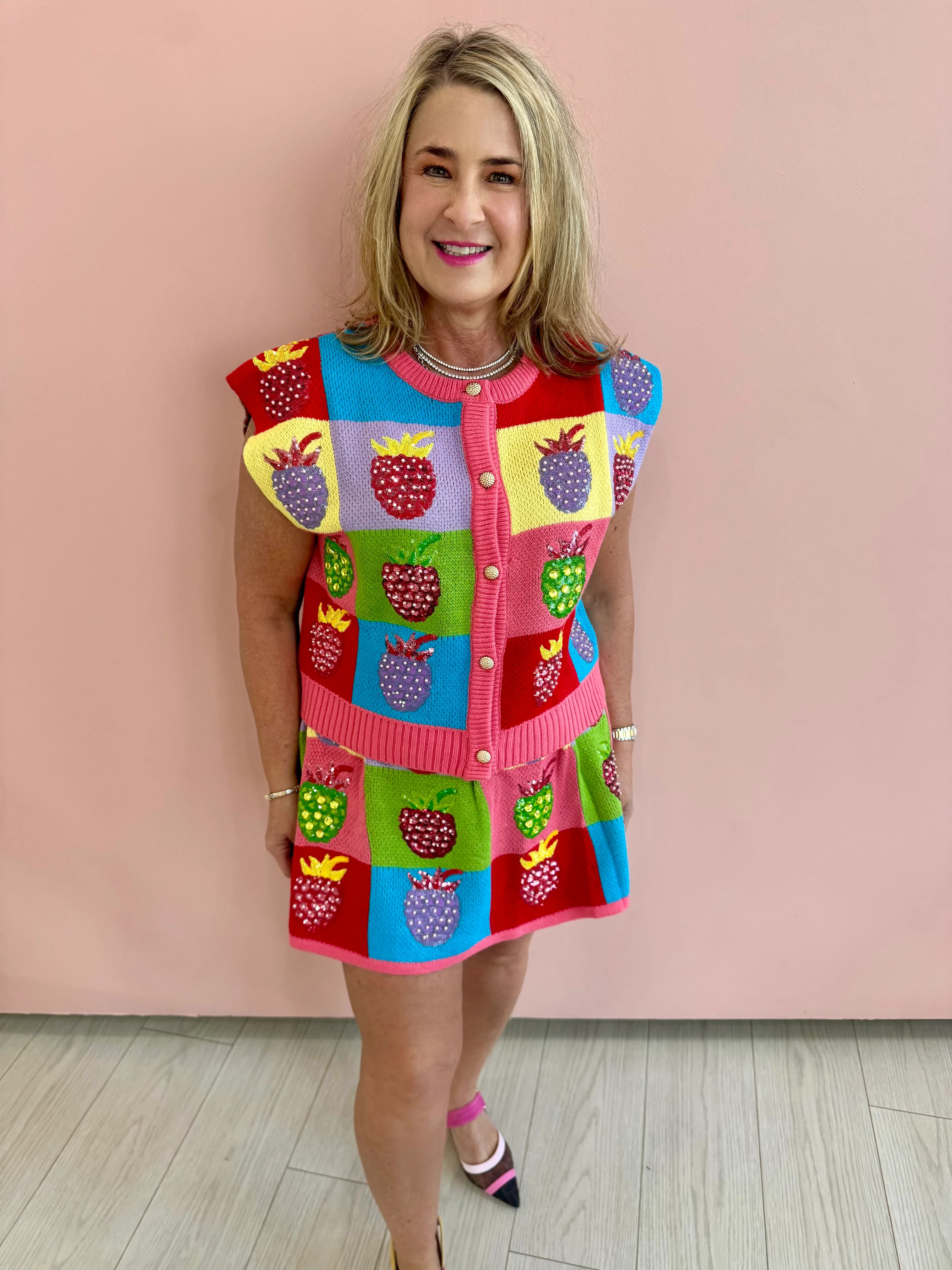 Colorblock Strawberry Vest- Queen Of Sparkles Large | Extremely Refined Boutique
