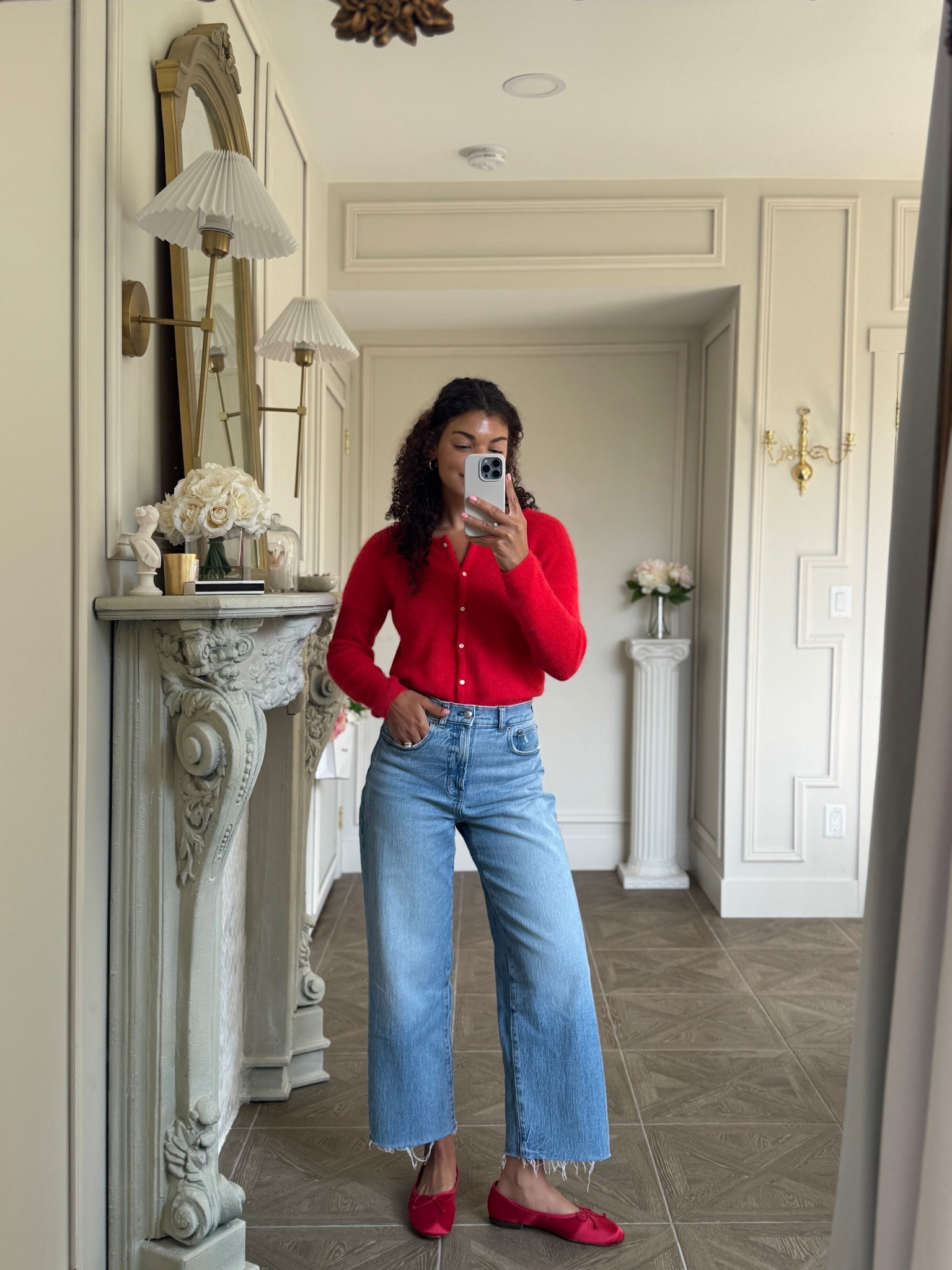 Spring outfit: Red cardigan, jeans, red ballet flats 

#LTKootd
