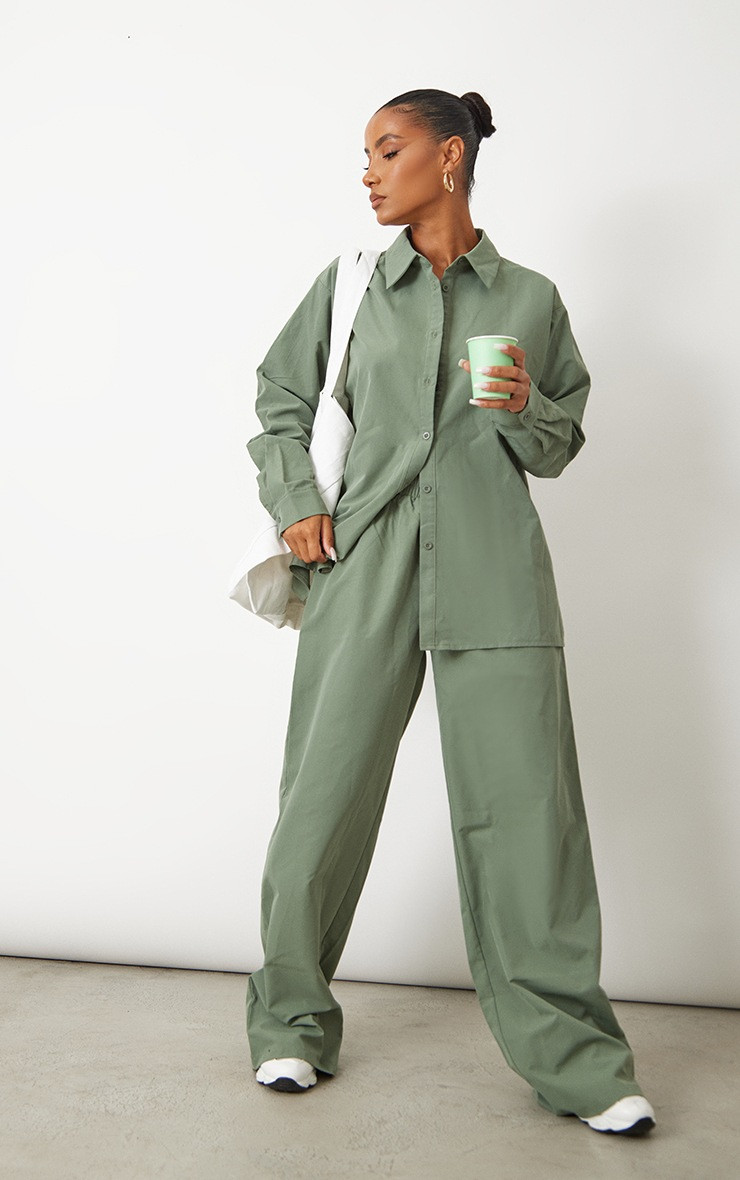 Sage Khaki Woven Oversized Button Up Shirt | PrettyLittleThing UK