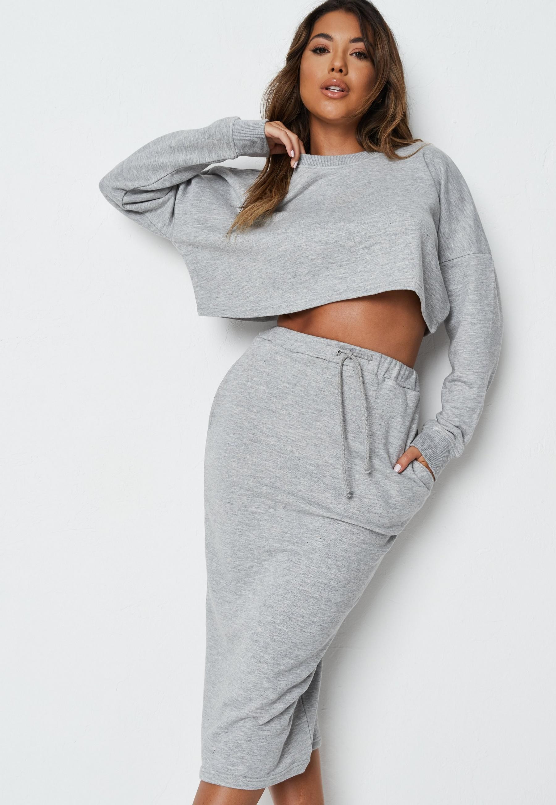 Missguided - Gray Marl Sweatshirt And Midi Sweat Skirt Co Ord Set | Missguided (US & CA)