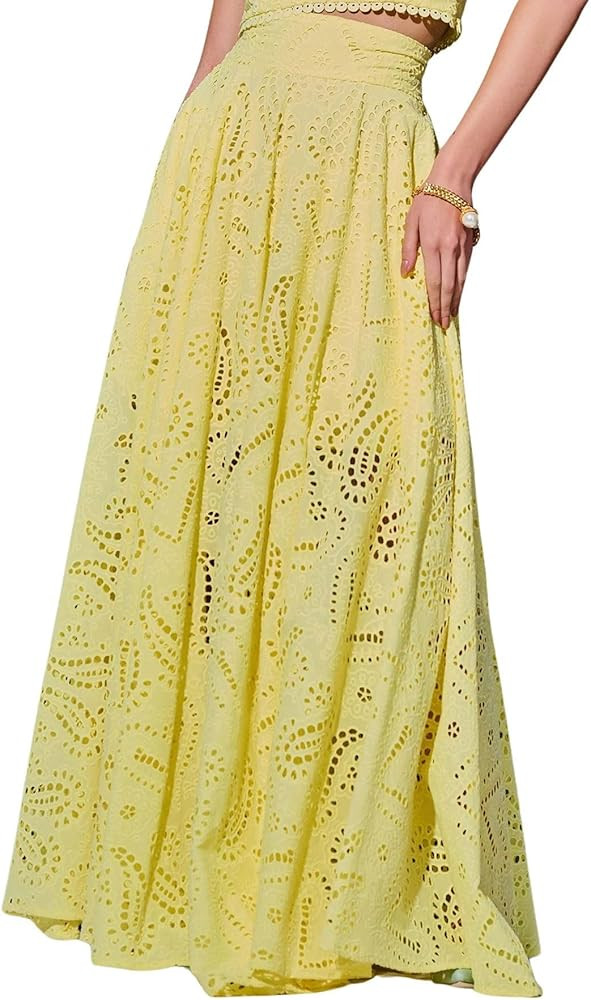 utcoco Womens 2025 Summer Eyelet Lace Embroidered Boho Skirt Hollow Out Smocked Waist Maxi Skirt ... | Amazon (US)