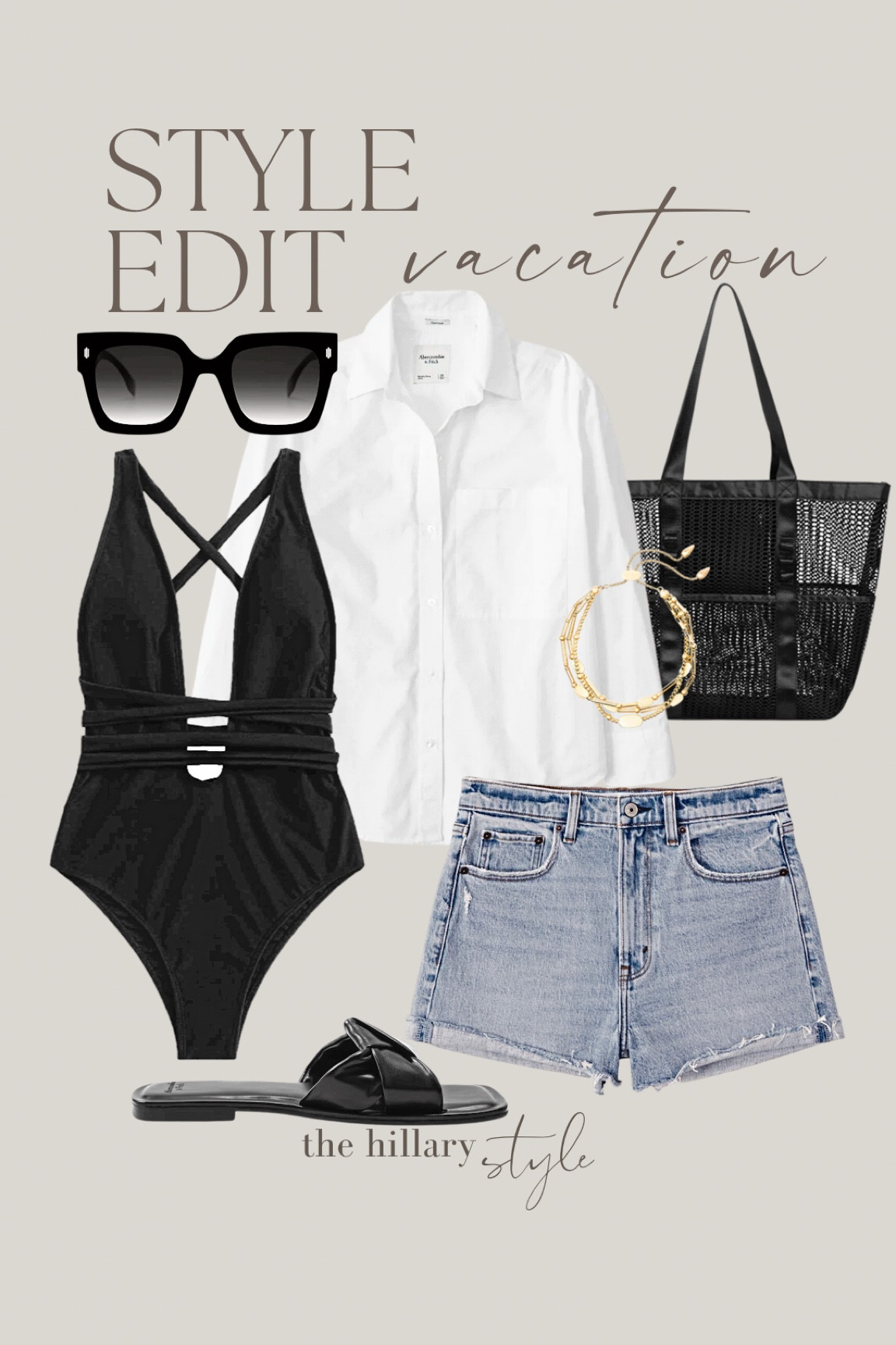The Style Edit: Vacation. Denim
Shorts, Black Swimsuit, White Button-Down, Mesh Tote, Black Sandal, Sunnies. Vacation outfit, Spring Break Outfit.

#LTKswim #LTKFind #LTKstyletip