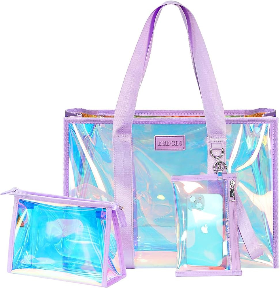 Beach Bags for Women, Iridescent Beach Tote Bag with Makeup Bag & Phone Pouch - Waterproof Clear Pool Bag | Amazon (US)