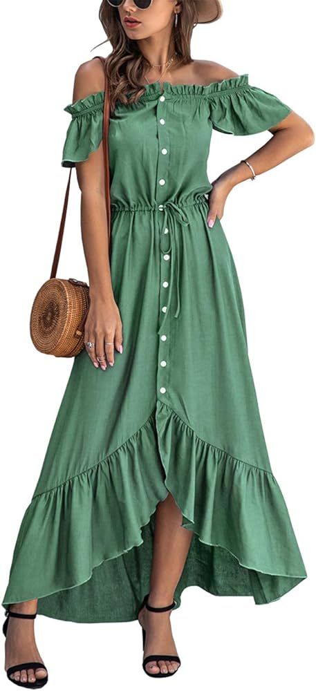 KIRUNDO Summer Women’s Off Shoulder Maxi Dress Polka Dots Short Sleeves High Waist Pleated Long Dres | Amazon (US)
