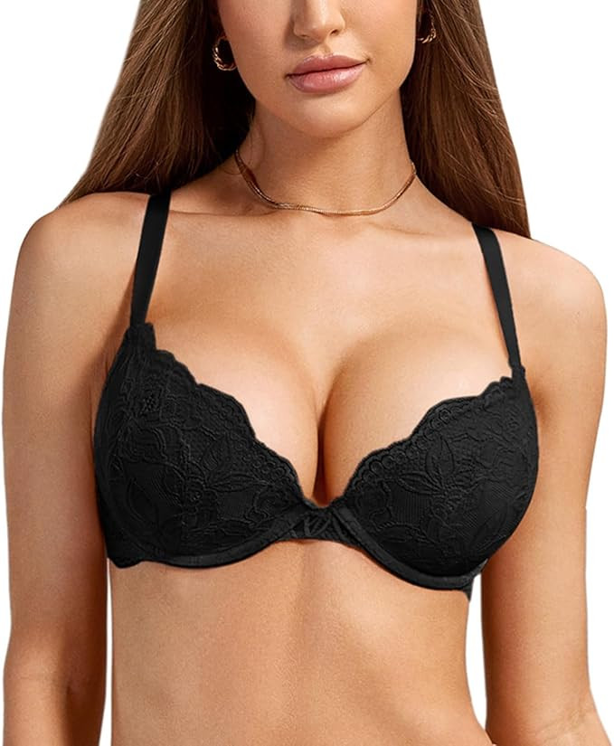 DOBREVA Women's Push Up Lace Bra Underwire Plunge Full Coverage Bras Sexy Plus Size Support | Amazon (US)
