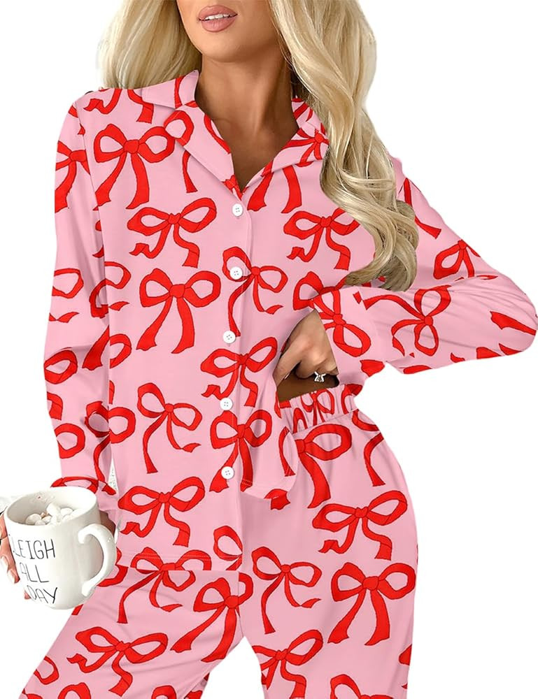 Ecosunny Christmas Santa Pajama Set Women's Long Sleeve Sleepwear Soft Loungewear Two Piece Butto... | Amazon (US)