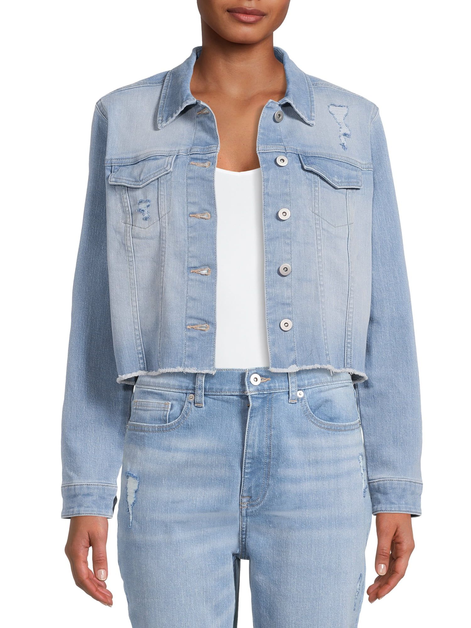 Time And Tru Women’s Water-LTE Cropped Denim Jacket with Frayed Hem - Walmart.com | Walmart (US)