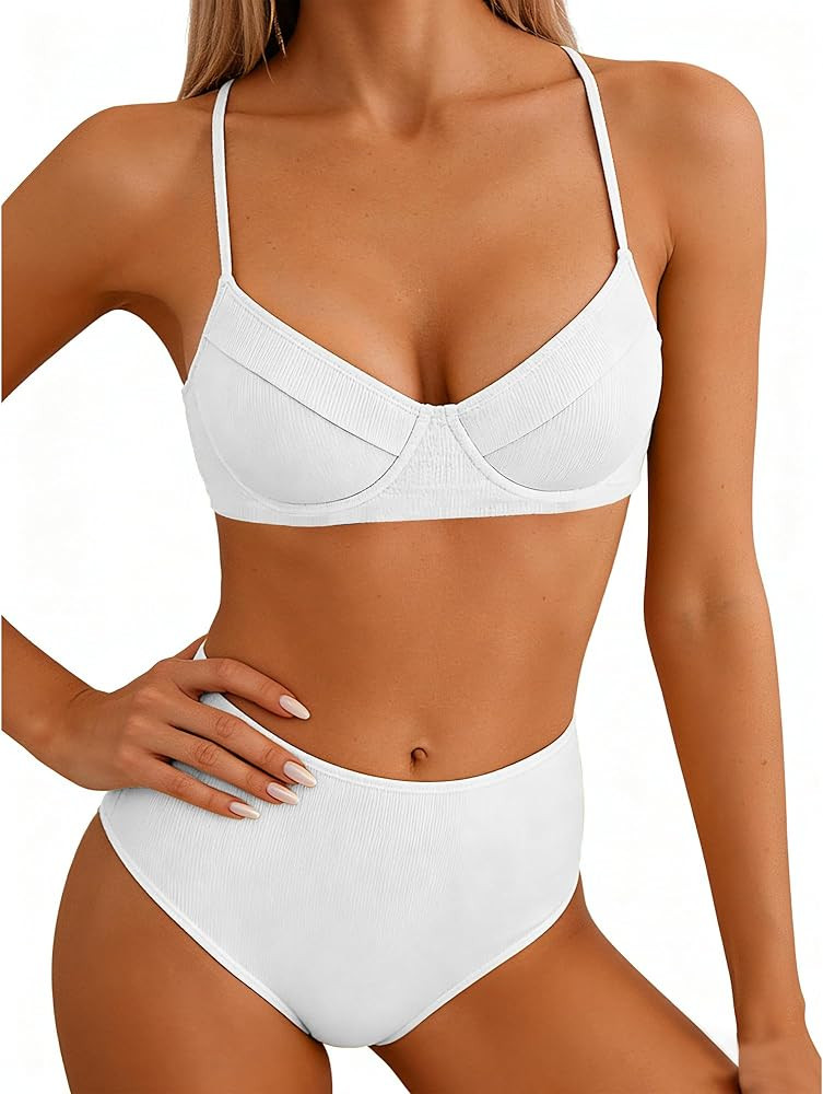Jolefille Underwire Bikini Sets for Women High Waisted Swimsuits Tummy Control Ribbed Bathing Sui... | Amazon (US)