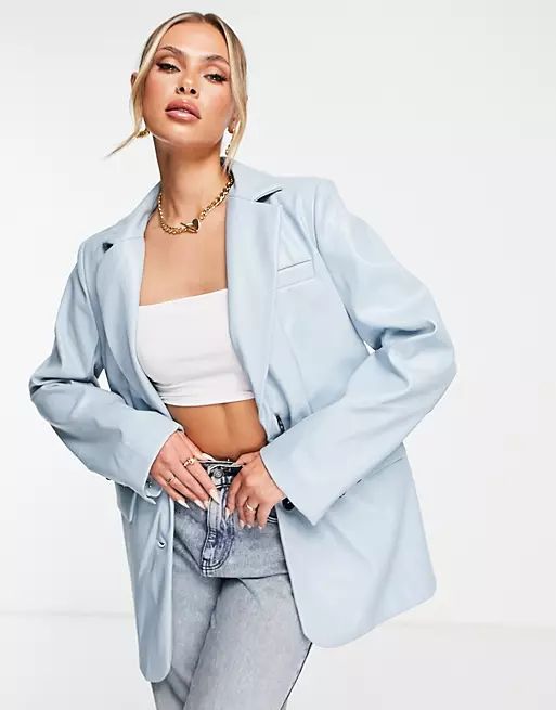 Aria Cove leather look oversized dad blazer in baby blue - part of a set | ASOS (Global)