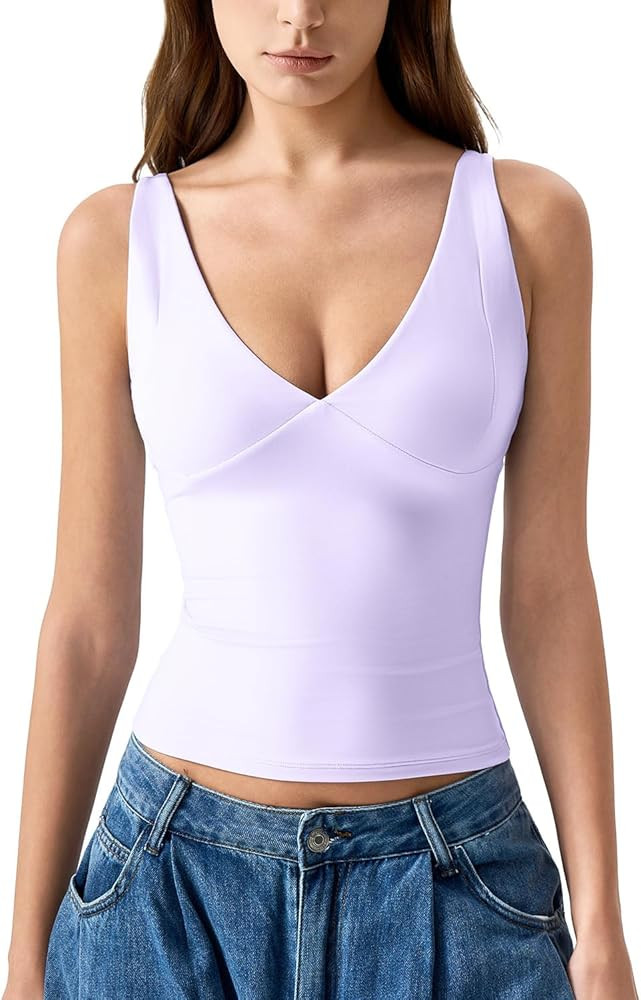 QINSEN Womens Double Lined Tank Tops Sexy V Neck Seamed Cup Adjustable Spaghetti Straps Camisole ... | Amazon (US)