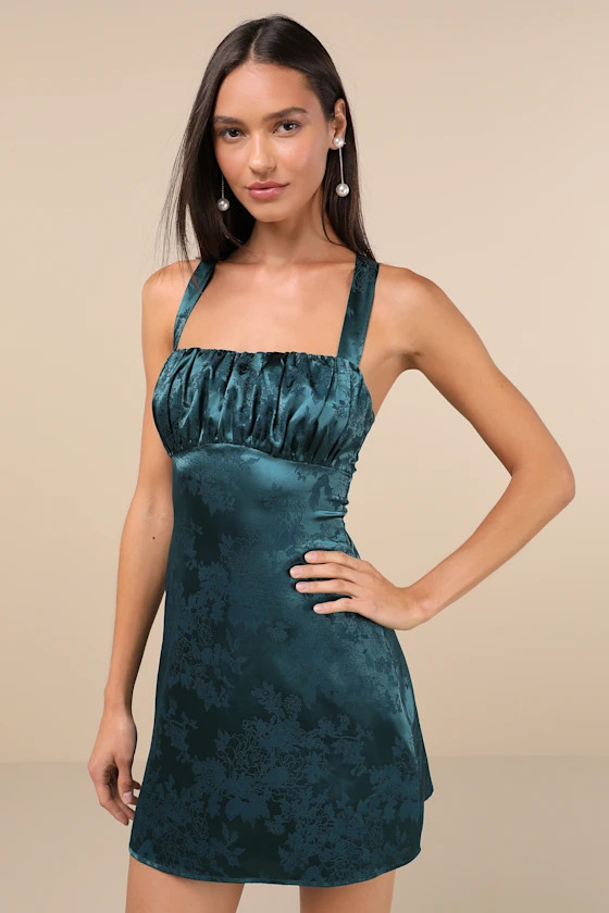Exquisite Outlook Teal Floral Jacquard Satin Lace-Up Mini Dress | Lulus