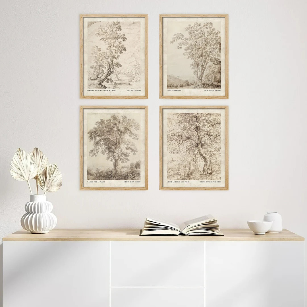 Framed Wall Art Set of 4 Wilderness Tree Landscape Sketch Vintage Antique Poster Neutral Wall Art... | Etsy (US)